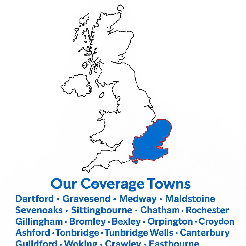 JC Recovery service coverage map showing breakdown and vehicle recovery across Kent and the south east